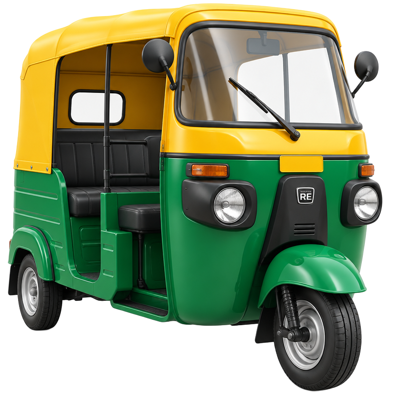 3D illustration of a yellow and green Indian auto rickshaw