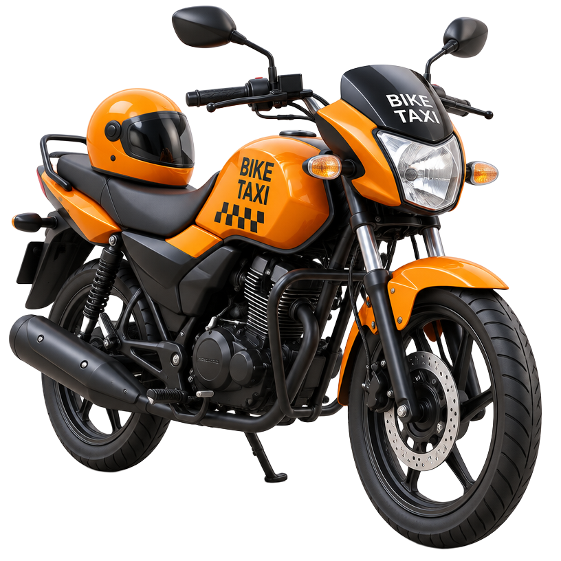 3D illustration of an orange bike taxi motorcycle with a helmet