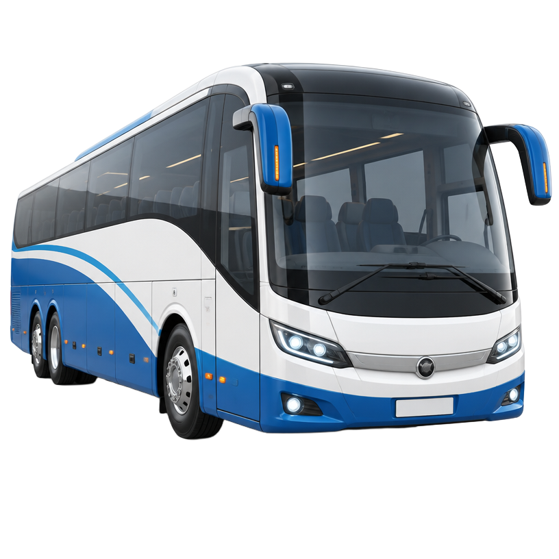 3D illustration of a white and blue intercity coach bus