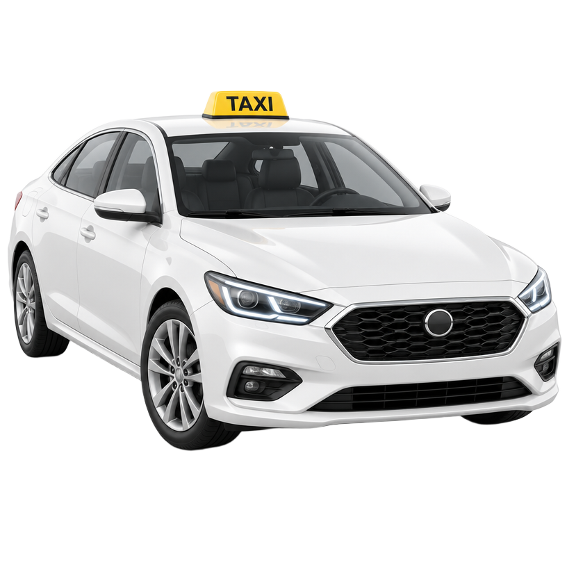 3D illustration of a white sedan taxi with a taxi roof sign
