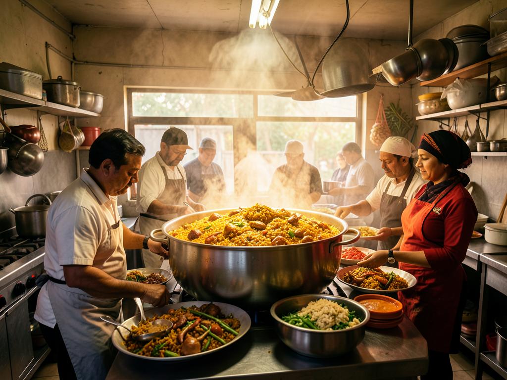 Cooks serving biryani from a large vessel at a function kitchen