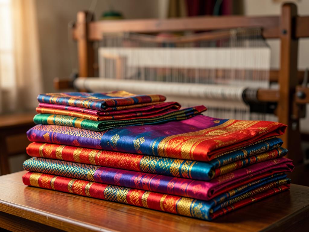Stack of colourful handloom cotton sarees beside a weaving loom