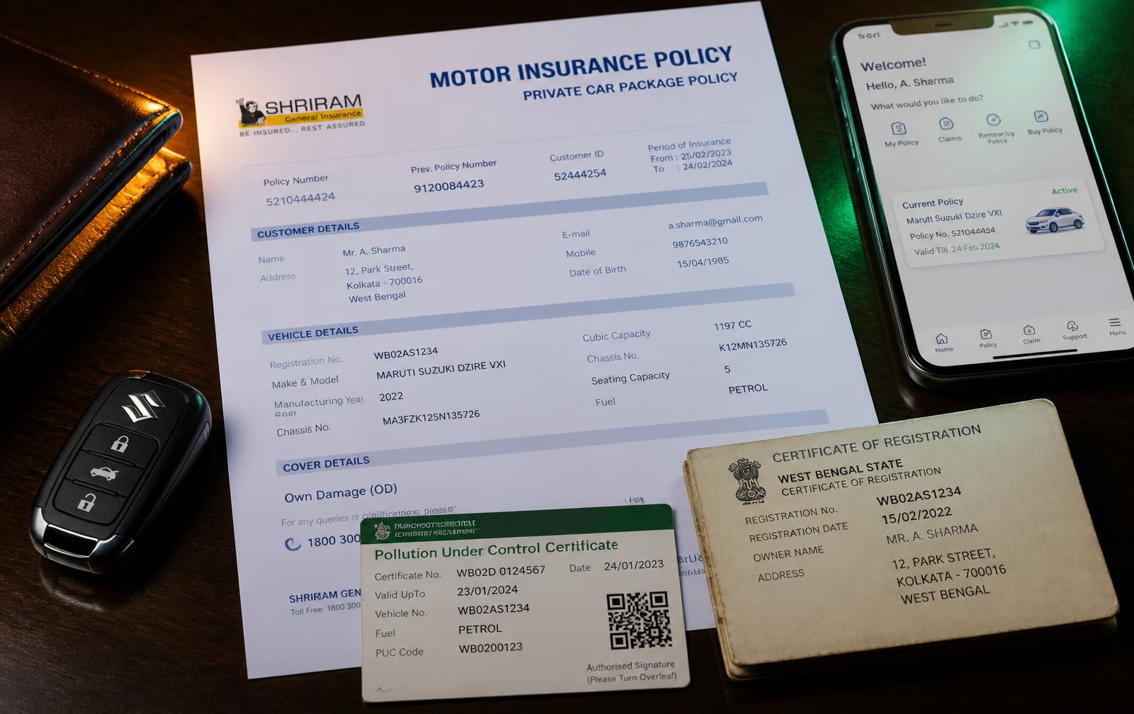 Motor insurance policy, RC book, PUC certificate and car key on a desk