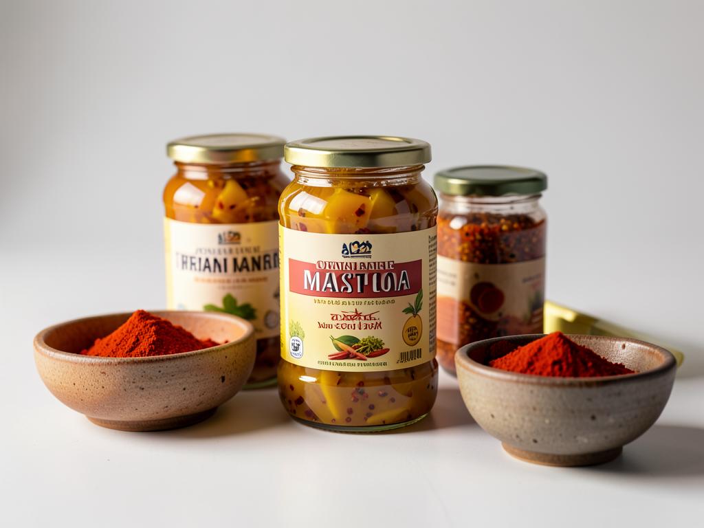 Homemade mango pickle jars with bowls of red chilli powder