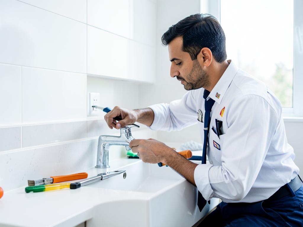 Plumber fitting a chrome tap at a clean bathroom sink