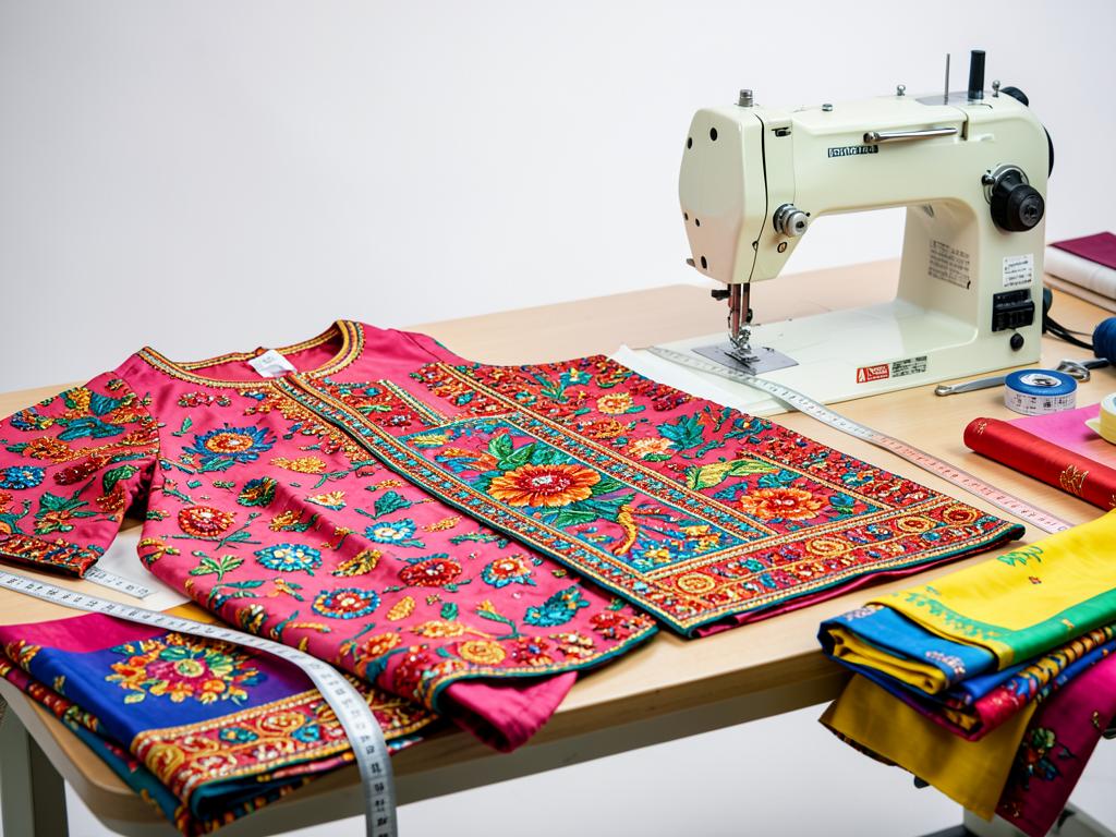 Embroidered blouse and fabrics on a tailor's stitching table