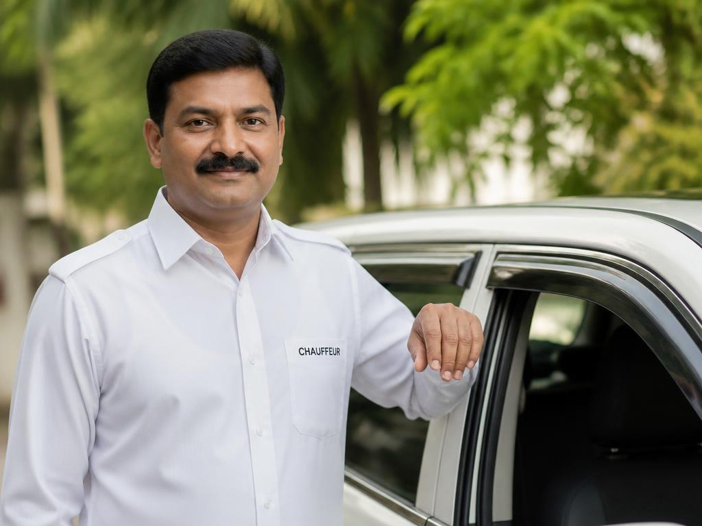 Professional Indian driver in white uniform beside a car