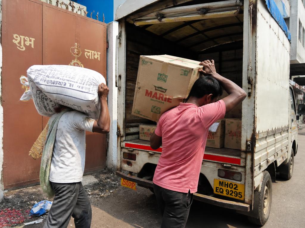 Helpers loading sacks and cartons into a mini truck