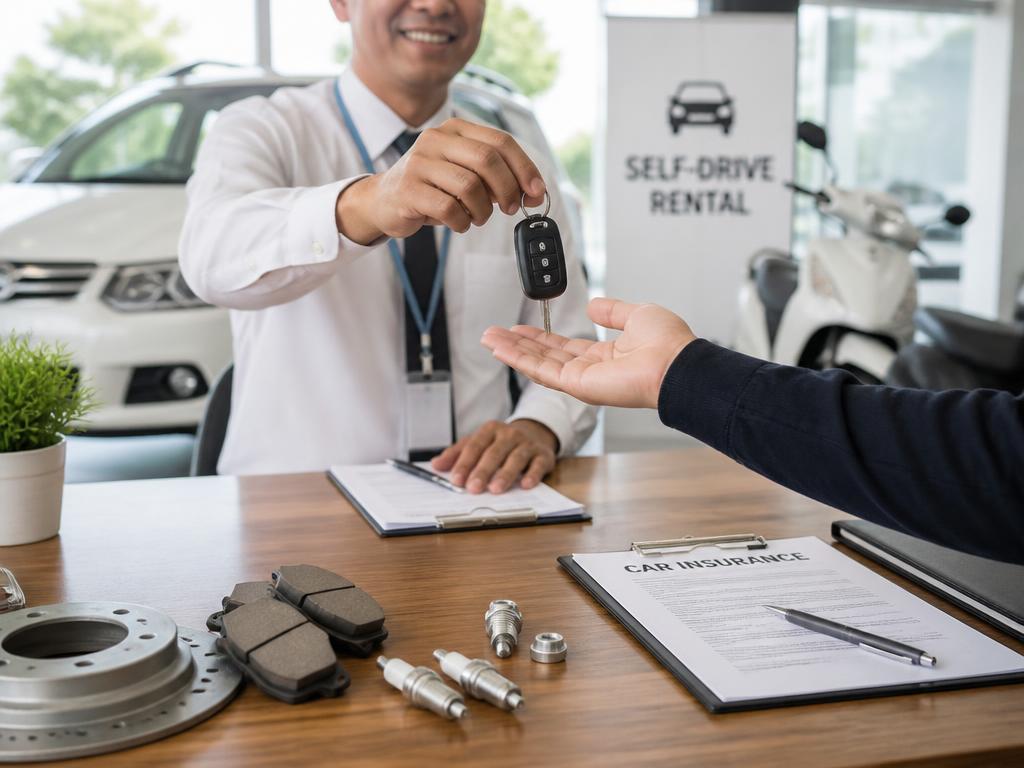 Self-drive rental car keys handover with insurance documents and spare parts