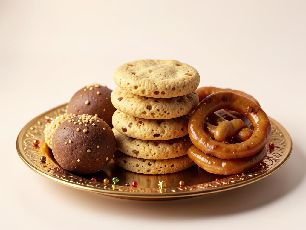 Plate of Indian sweets, laddu and crisp murukku snacks
