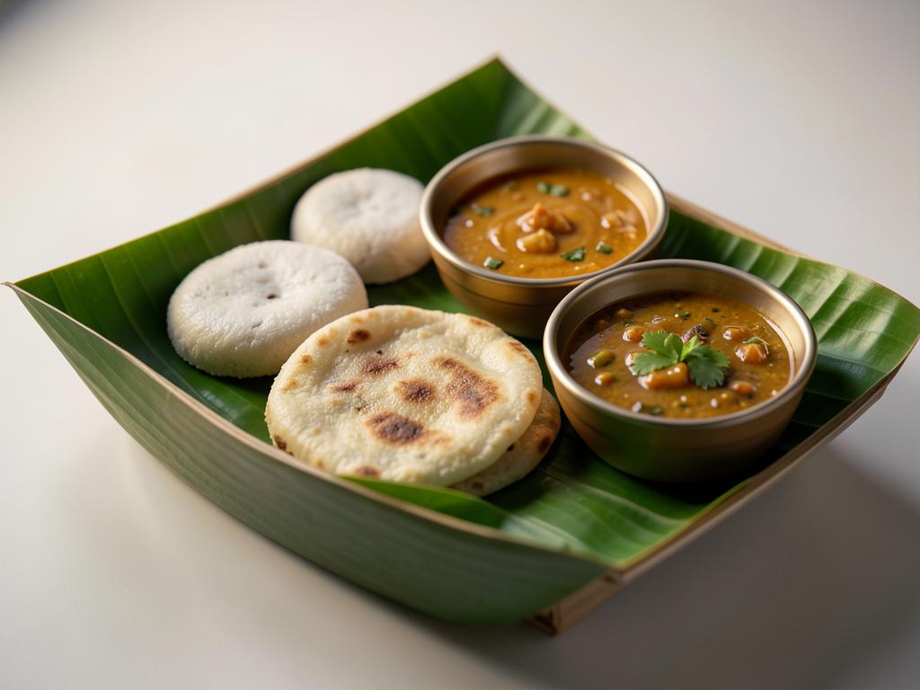 Home-cooked South Indian tiffin meal served on a banana leaf tray