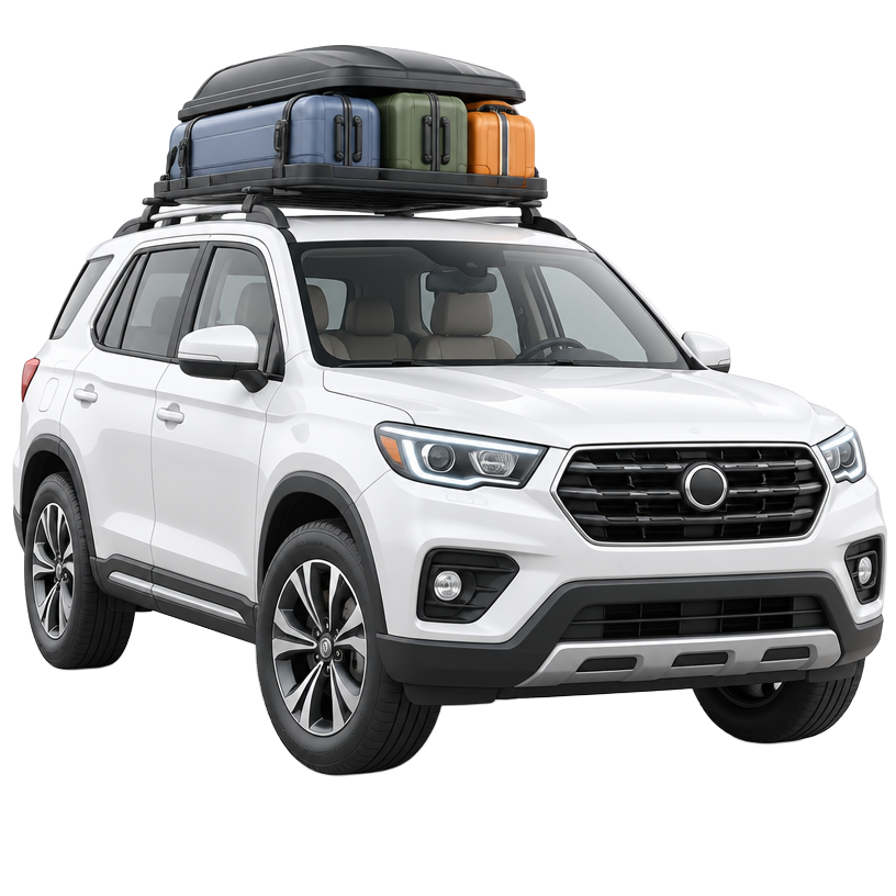 3D illustration of a white SUV with roof luggage carrier and suitcases
